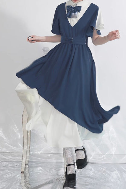 Blue and White Collegiate Chiffon Kawaii Sweet Dress
