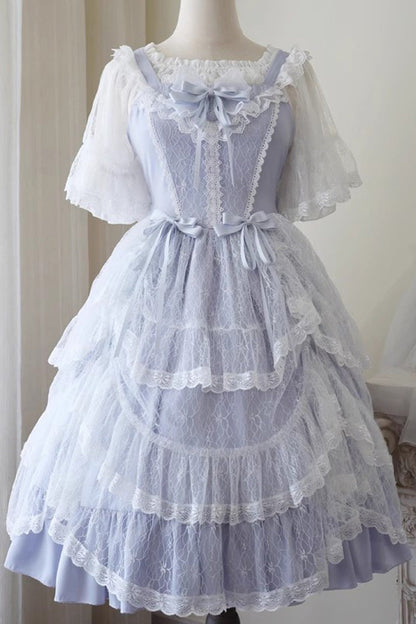 Blue Jacquard Bowknot Jsk Dress - Sweet Elegant Lolita Style