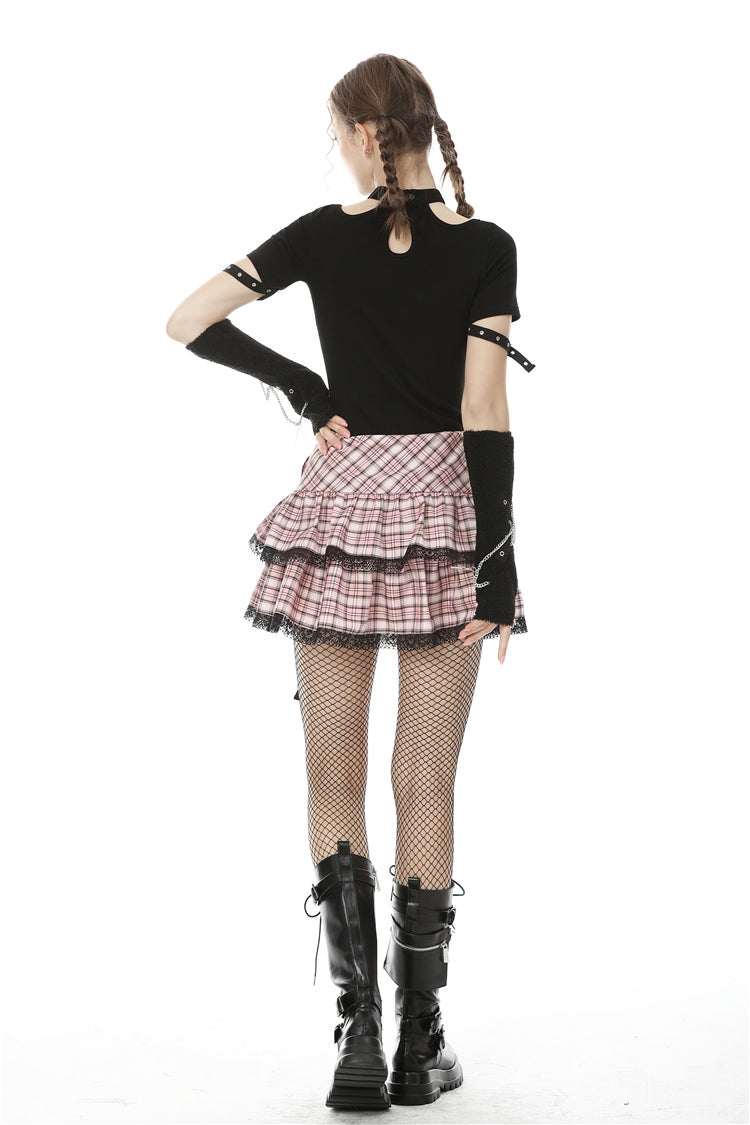 Pink Heart Plaid Double-Layer Ruffled Mini Skirt with Lace Hem