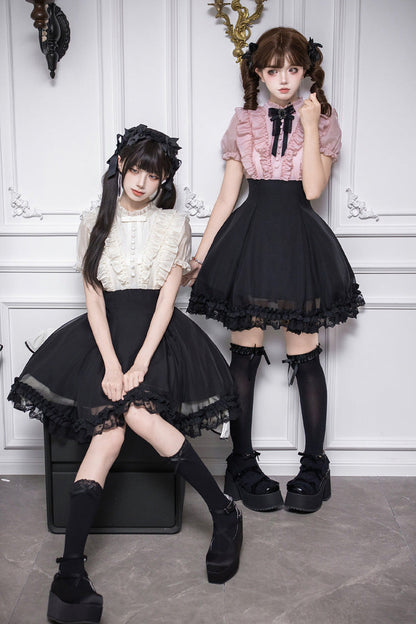 Puff-Sleeve Color-Blocked Faux Two-Piece Sweet Dress
