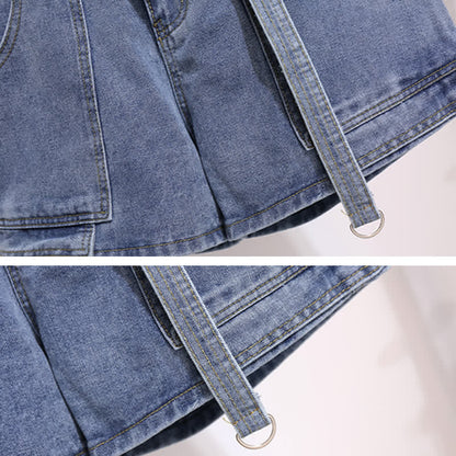 Pocketed T-Shirt Denim Fake Lapel Shorts Pieces Two