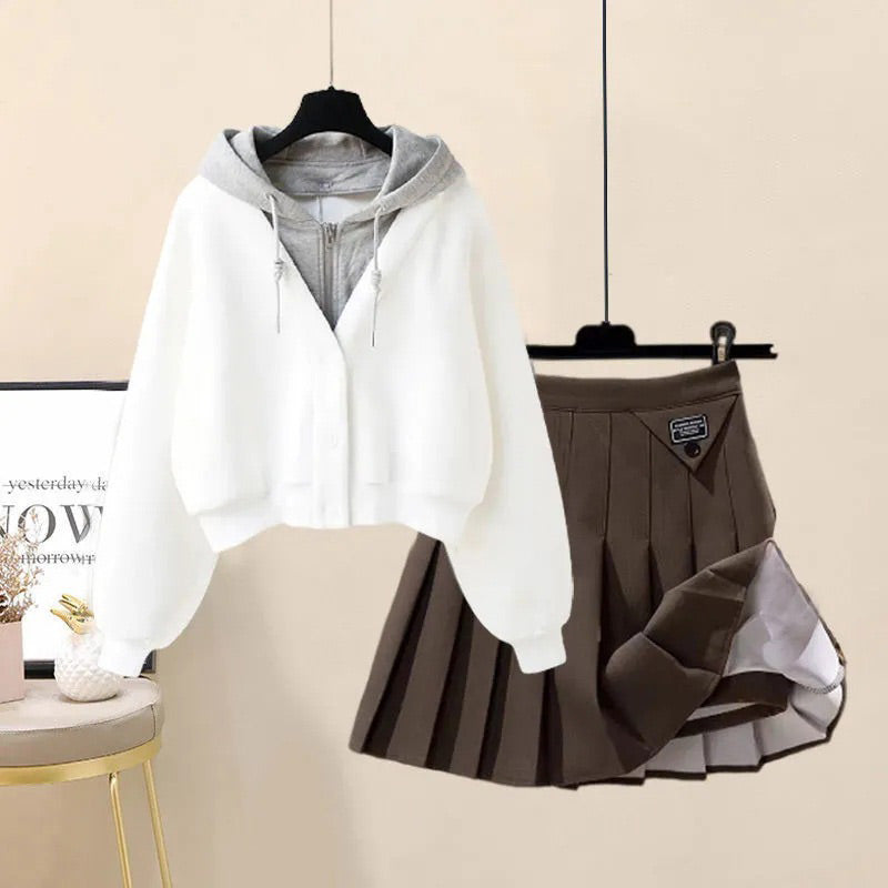 Colorblock Pocket Hoodie Pleated Skirt Set