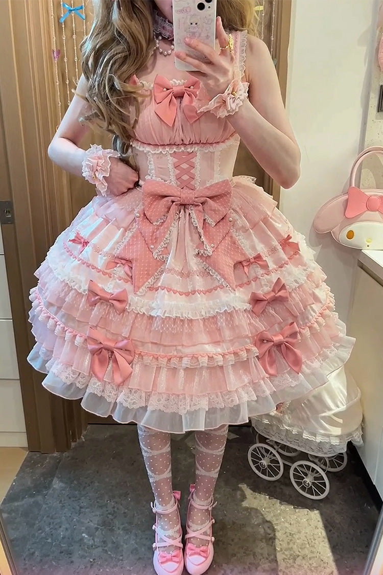 Pink Multi-Tier Ruffle Bow Lace Sweet Gorgeous Lolita Jumper - Little Lovetine