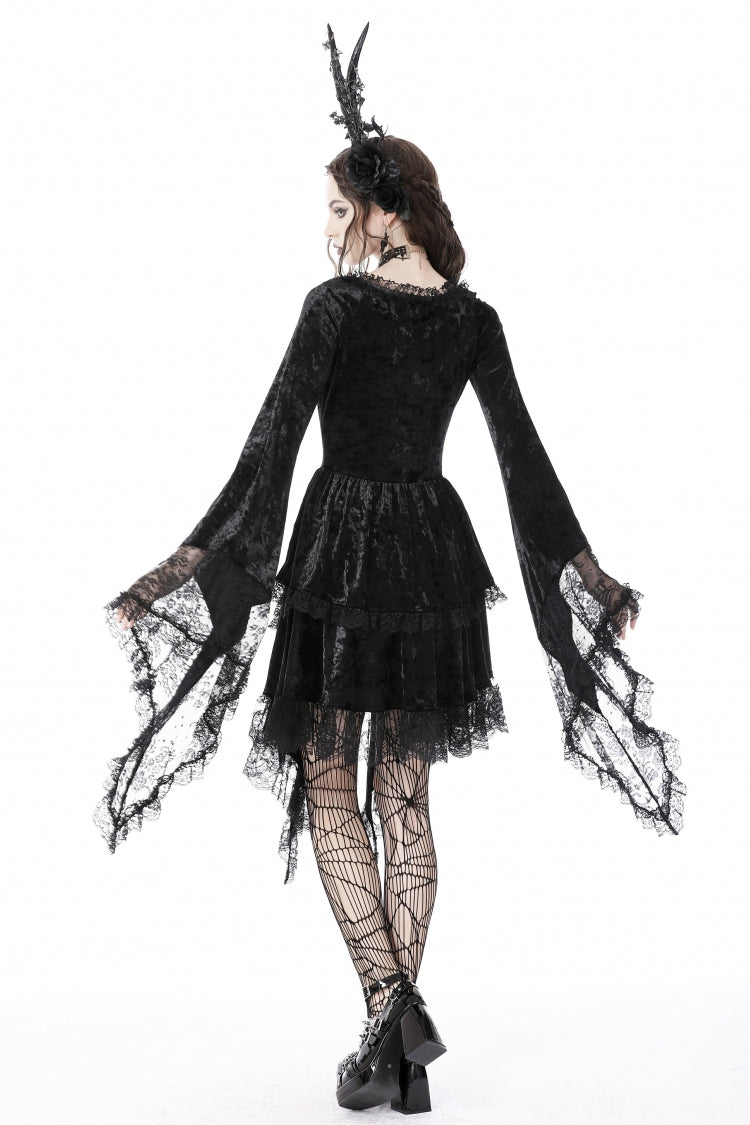Long Trumpet Sleeve Lace Spliced Black Gothic Velvet Dress