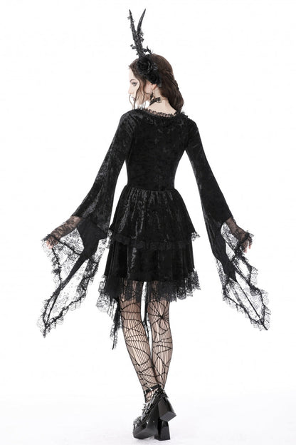 Long Trumpet Sleeve Lace Spliced Black Gothic Velvet Dress