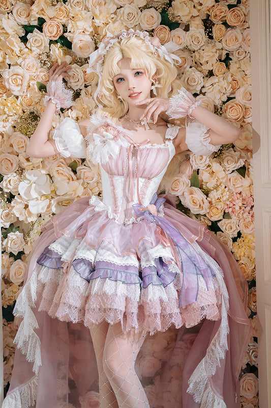 Pink Purple Rose Memoirs Sleeveless Multi-Layer Bow Lace Sweet Lolita Skirt Set