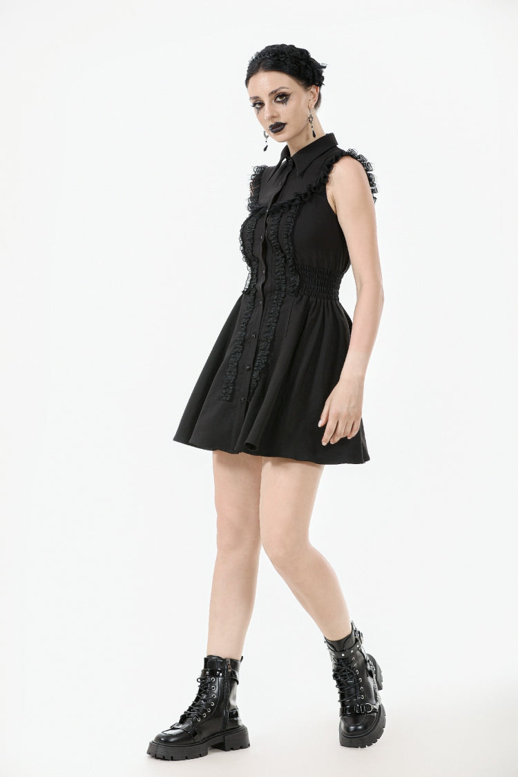 Obsidian Lapel Collar Sleeveless Lace Button-Front Gown - Graduation