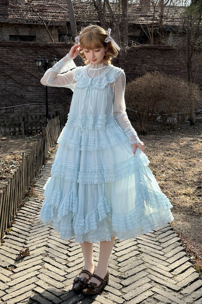 Sweet Stand Collar Long Sleeve Multi Layer Ruffle Color Block Lolita Tiered Dress 14 Colors