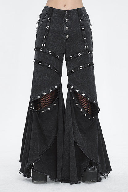 Flared Punk Pants with Ruffled Hem and Eyelet Details