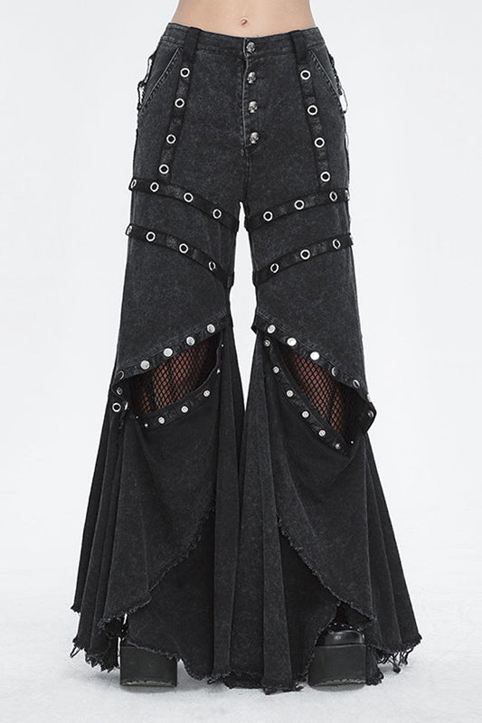 Flared Punk Pants with Ruffled Hem and Eyelet Details