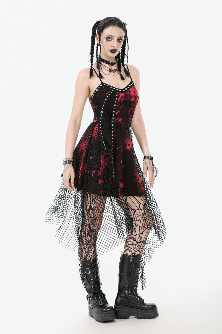 Scarlet Sleeveless Mesh Hem Asymmetrical Tie-Dyed Slip Dress
