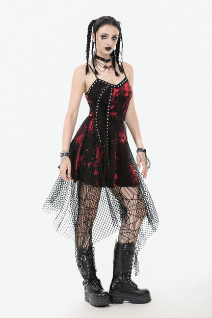 Scarlet Sleeveless Mesh Hem Asymmetrical Tie-Dyed Slip Dress