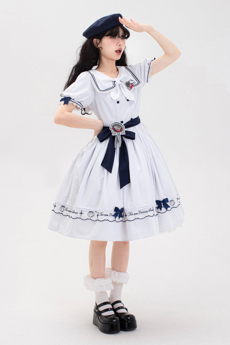 Ivory Navy Stripe Ruffled Embroidered Sweet Lolita Dress