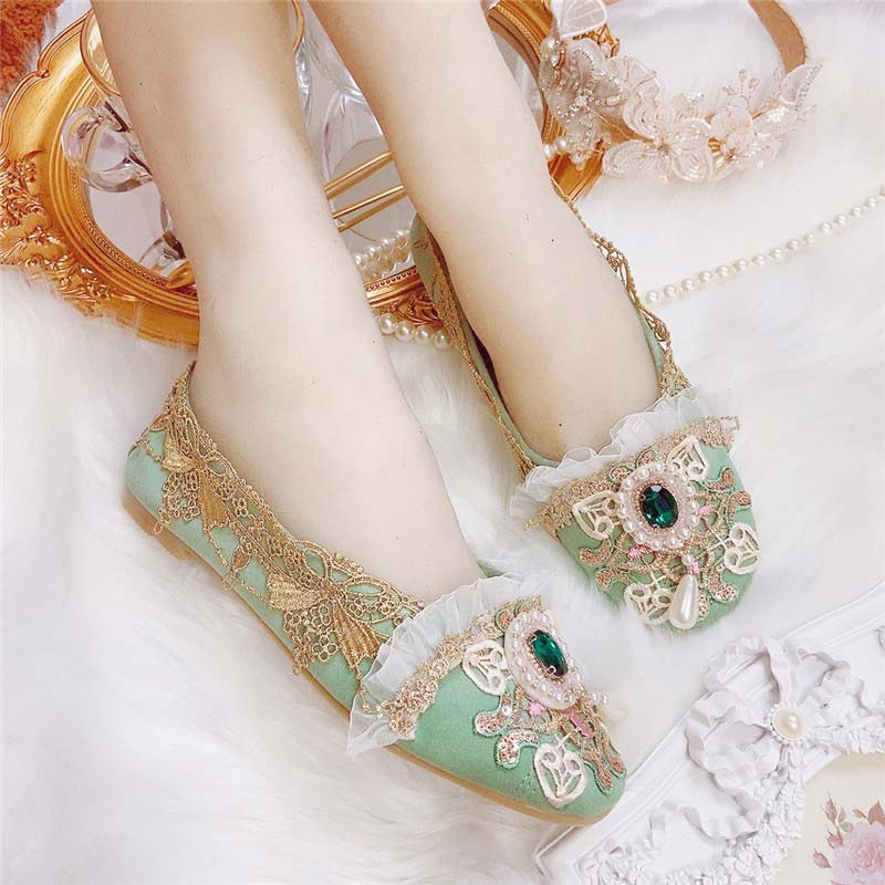 Chaussures plates vintage en dentelle et strass