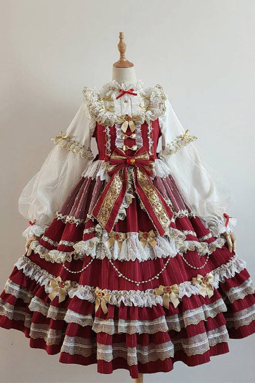 Wine Ruffled JSK Dress Sweet Lolita Multi-Layer Bowknot - Altfashion Shop
