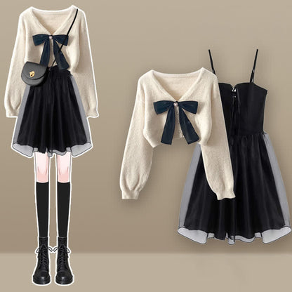 Dress Knot Sweater Set Tulle Cardigan Slip Up Lace Chic Bow