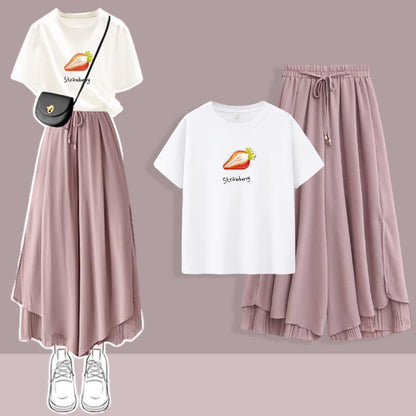 Printed Pants Pieces Leg Chic Chiffon Two T-Shirt Set Split Wide