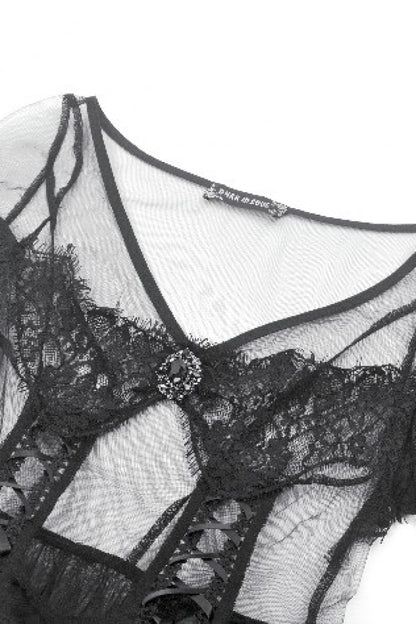Ebony V-Neck Short Sleeve Sheer Mesh Layered Dress
