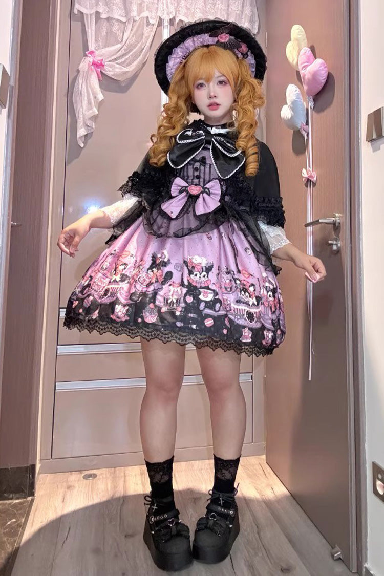 Purple Printed Gothic Lolita JSK Dress with Bowknot Lace and Ruffle
