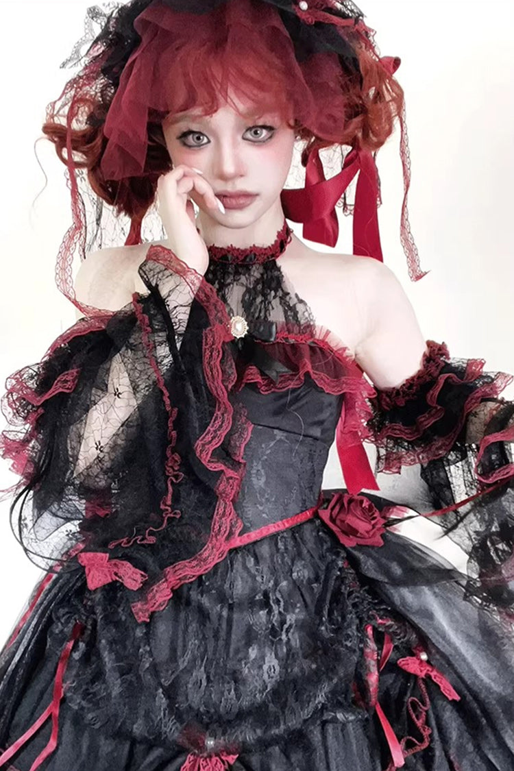 Layered Poem Halterneck Jacquard Lolita Dress with Bow - Noir