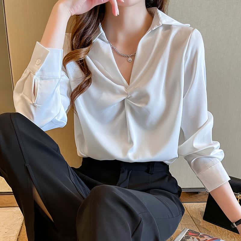 Elegant Pure Color Ruffled Satin Shirt Workwear