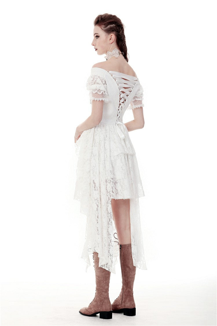 Ivory Off-Shoulder Lace Short Sleeve Steampunk Wedding Dress