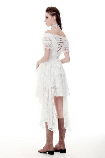Ivory Off-Shoulder Lace Short Sleeve Steampunk Wedding Dress