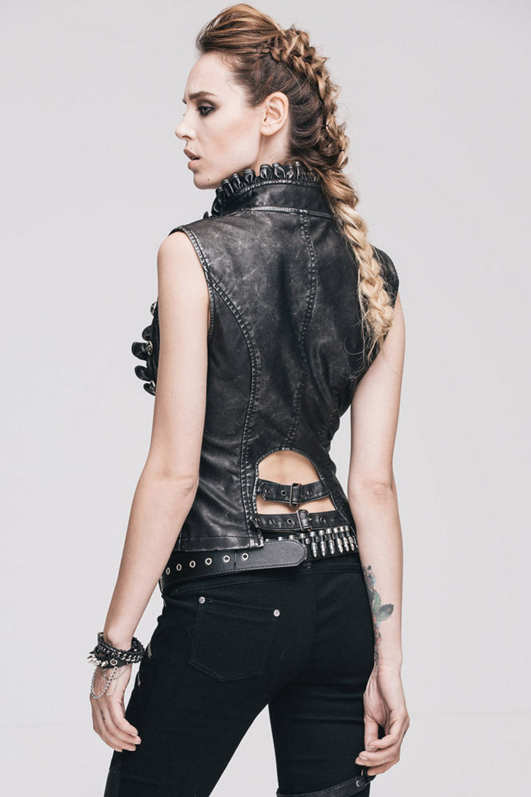 Wave Collar Punk Vest, Hand-Rubbed Leather, Silver Accents - Noir