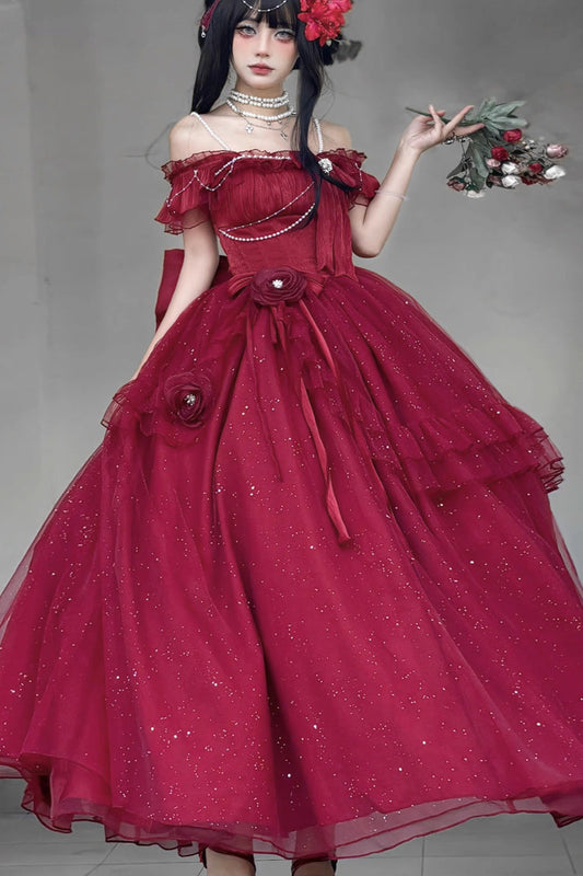 Bright Stars Off Shoulder Ruffle Bowknot Asymmetric Sweet Princess Dress