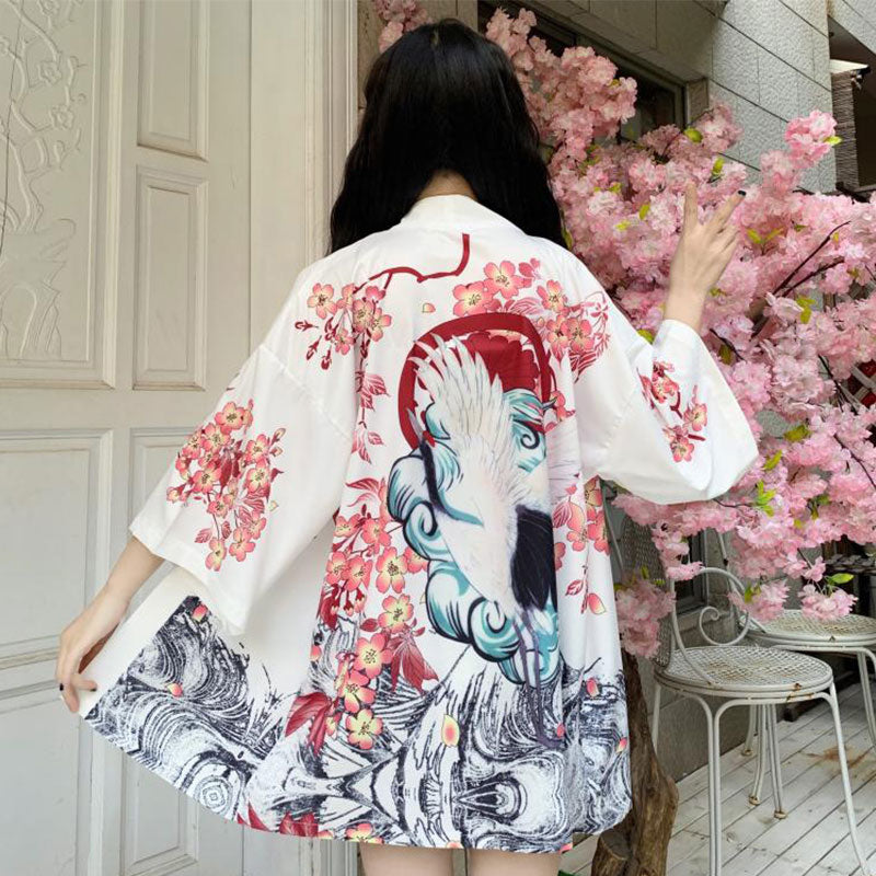 Vintage Crane Sakura Floral Print Cardigan Kimono Outerwear