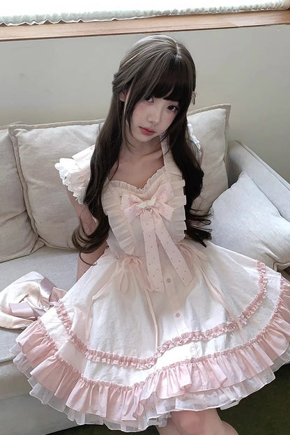 Pink Spring Timeline Double Layer Ruffle Bow Lace Up Sweet Princess Lolita Dress