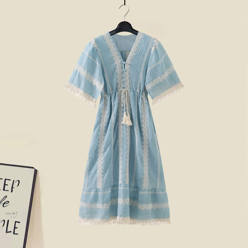 Boho Vintage Print Shawl Wrap Lace Up Dress