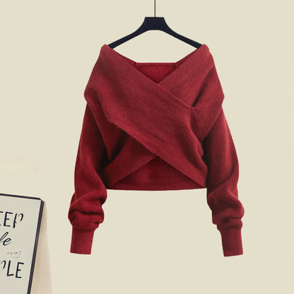 Dress Knot Sweater Set Tulle Cardigan Slip Up Lace Chic Bow