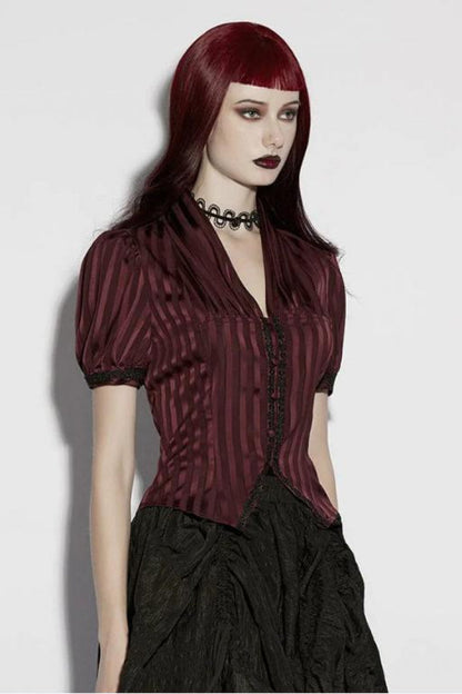 Crimson V-Neck Short Puff Sleeve Lace-Up Striped Goth Top