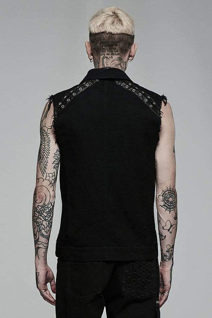Mens Sleeveless Twill Vest with Flap Pockets and Metal Accents