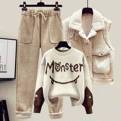 Print Letter Pieces Vest Sweater Three Fleece Pants Monster Casual