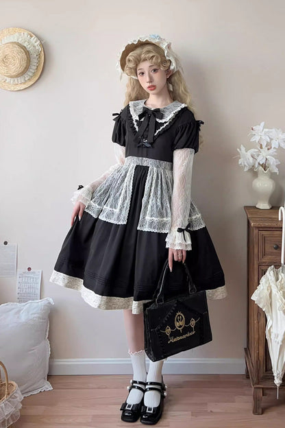 Lapel Collar Embroidered Bowknot Lace Sweet Dress