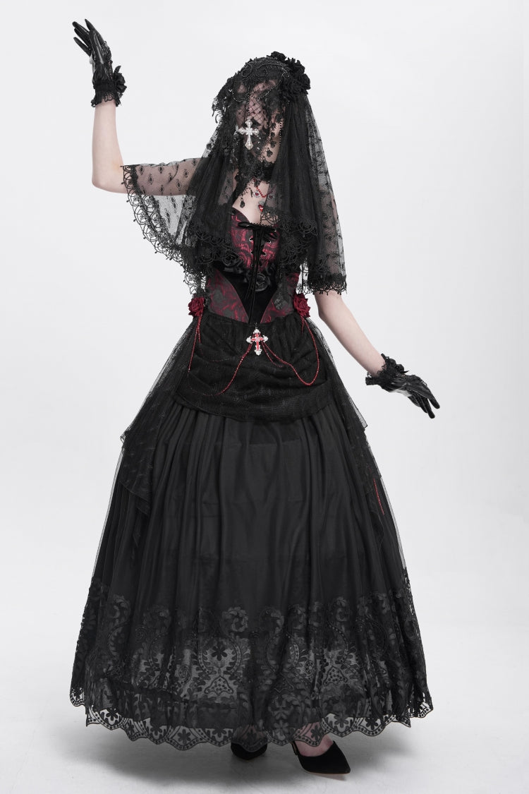 Women's Gothic Floral Mesh Skirt with Black Stitching