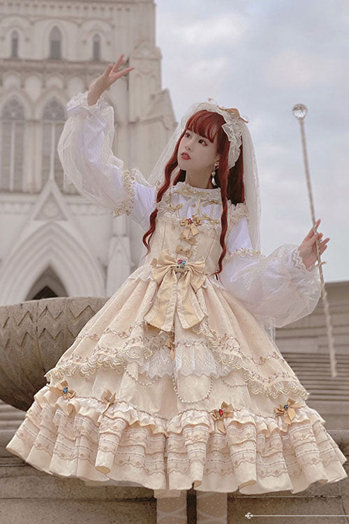 Gold Hanayome Sweet Lolita JSK with Bow and Multi-Layer Ruffles
