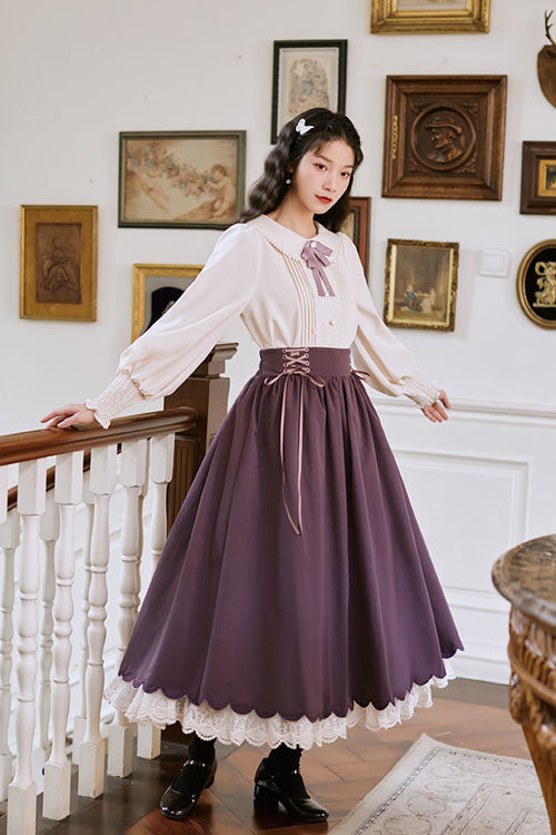 Classic Lolita Two-Piece Dress with High-Waist and Lace Wave Hem