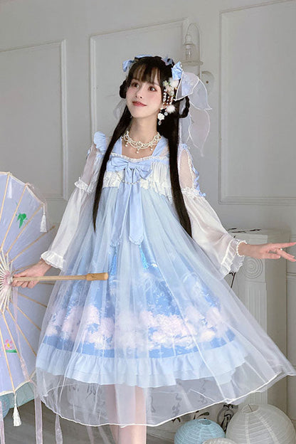 Blue Sweet Lolita Dress Jellyfish Print Bowknot Chinese Style - Altfashion Shop
