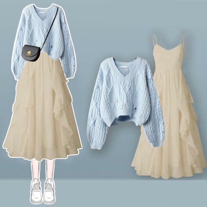 Elegant Knit Flouncing Slip Set Dress Cable Sweater