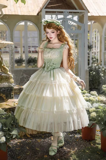 Fishbone Embroidered Sweet Lolita Jumper Dress - Green Letters & Poems