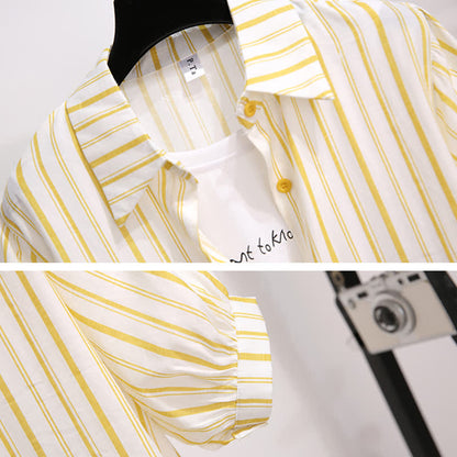 T-Shirt Stripe Pieces Denim Fake Pocketed Shorts Two Lapel