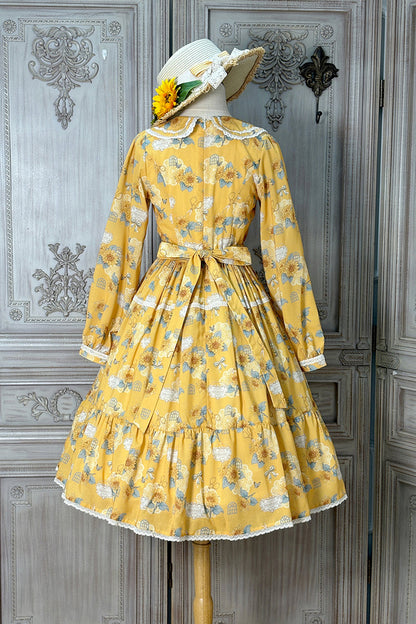 Golden Long-Sleeve Ruffled Bow Sunflower Elegant Dress
