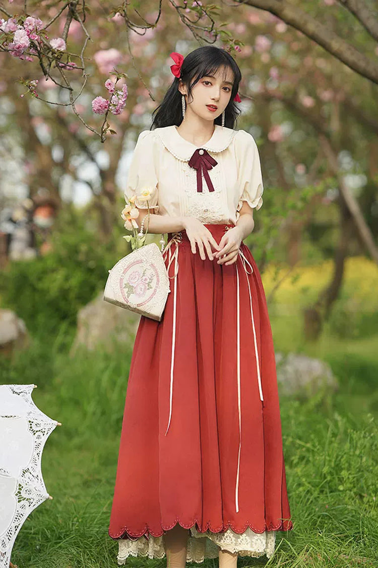 Solid Color Lapel Collar Short Sleeves High Waist Lace-Up Wave Hem Classic Lolita Two-Piece Set 7 Colors