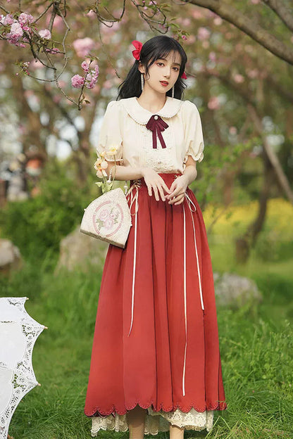 Solid Color Lapel Collar Short Sleeves High Waist Lace-Up Wave Hem Classic Lolita Two-Piece Set 7 Colors