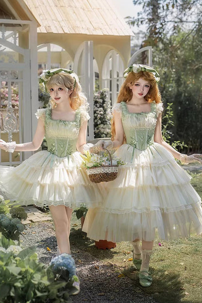Fishbone Embroidered Sweet Lolita Jumper Dress - Green Letters & Poems