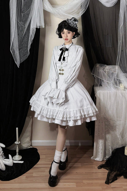 White Point Manor Multi-Striped Print Ruffled Bow Hem Gothic Lolita Skirt