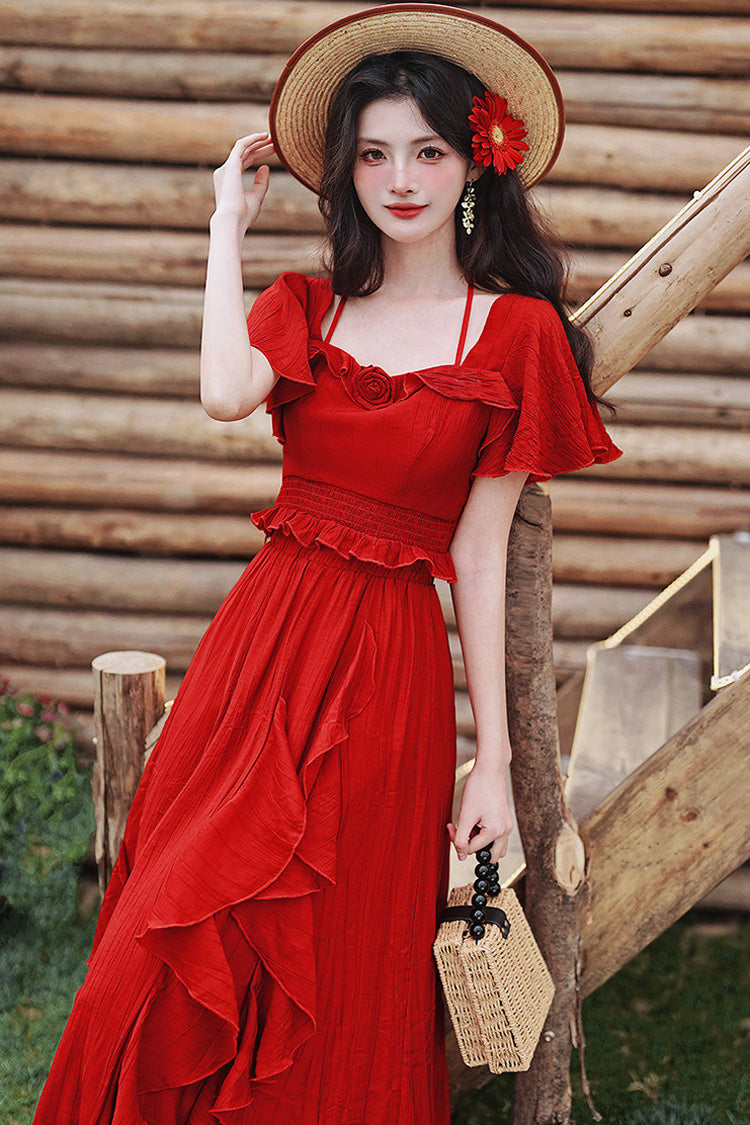 Red Square Collar Halter Short Sleeves High Waist Ruffle Gothic Vintage Lolita Long Skirt Set